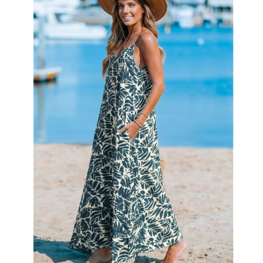 Cupshe Blue Tropical Sleeveless V-Neck Maxi Dress - Sz S - Picture 3 of 7